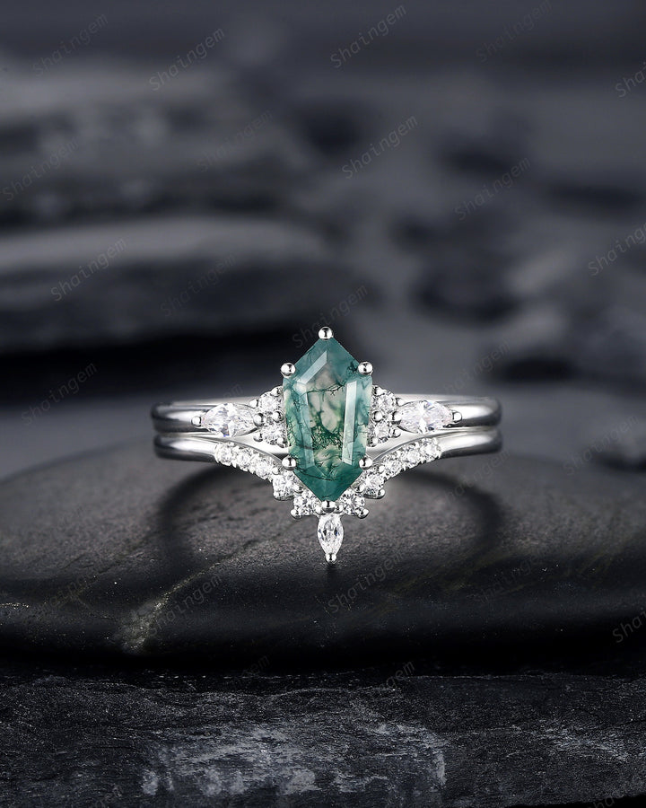 Unique Shield Moss Agate and Diamond Engagement Ring, White Gold Geometric Green Moss Agate Bridal Set, Promise Wedding Ring Gift for her - ShainJewelry
