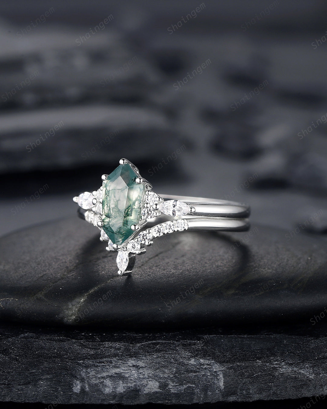 Unique Shield Moss Agate and Diamond Engagement Ring, White Gold Geometric Green Moss Agate Bridal Set, Promise Wedding Ring Gift for her - ShainJewelry