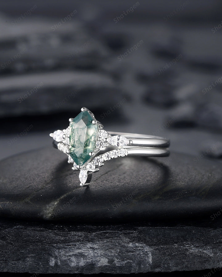 Unique Shield Moss Agate and Diamond Engagement Ring, White Gold Geometric Green Moss Agate Bridal Set, Promise Wedding Ring Gift for her - ShainJewelry