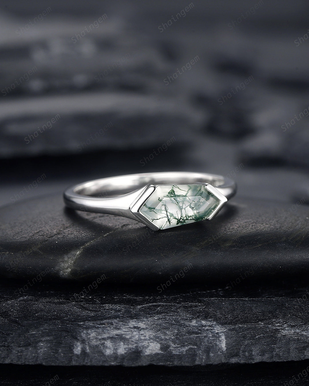 Platinum Unique Shield Cut Moss Agate Engagement Ring, Sterling Silver Solitaire Agate Promise Ring, White Gold Wedding Ring Gift for Women - ShainJewelry