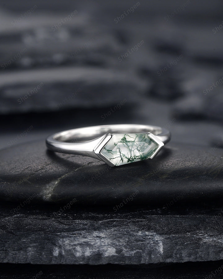 Platinum Unique Shield Cut Moss Agate Engagement Ring, Sterling Silver Solitaire Agate Promise Ring, White Gold Wedding Ring Gift for Women - ShainJewelry
