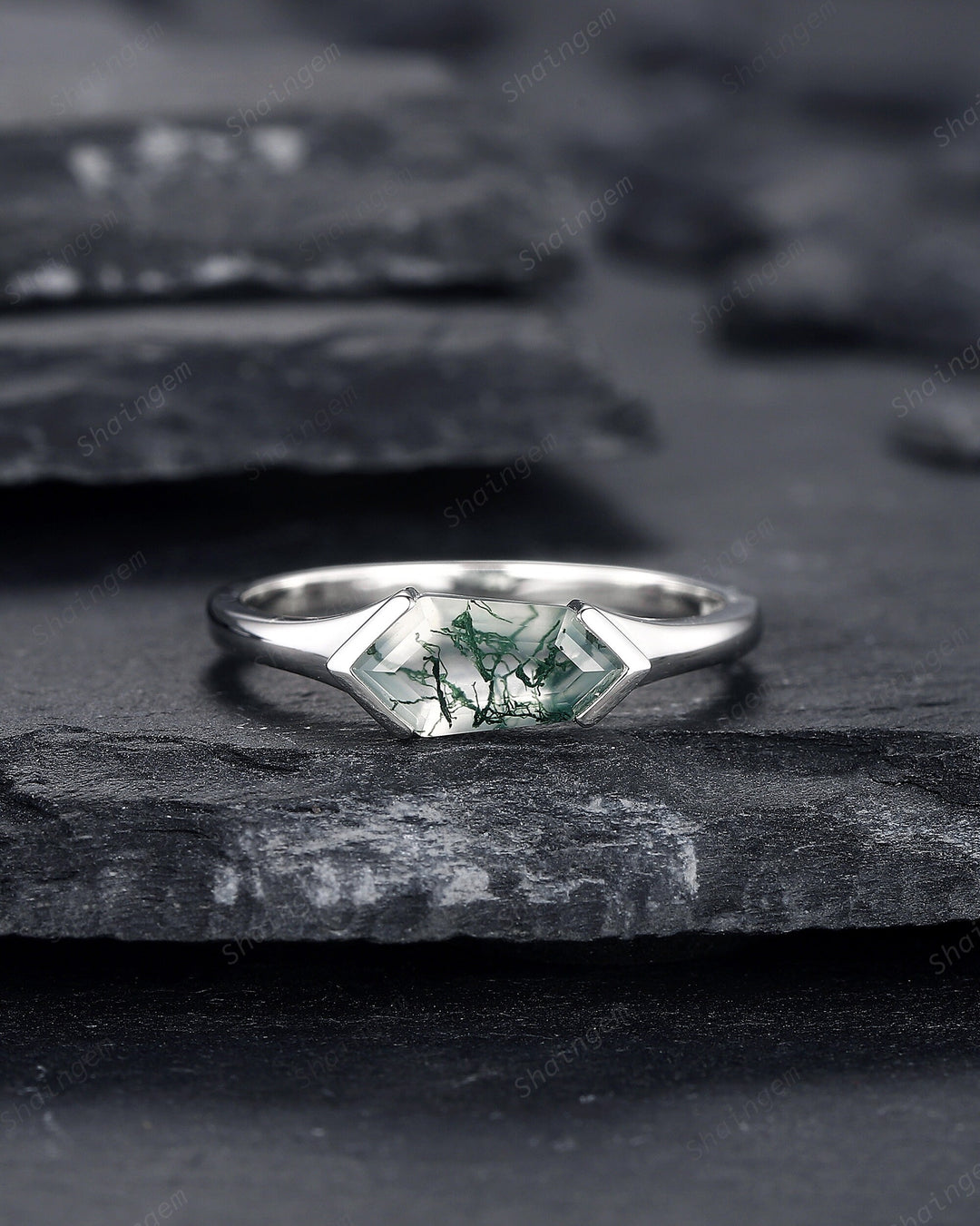 Platinum Unique Shield Cut Moss Agate Engagement Ring, Sterling Silver Solitaire Agate Promise Ring, White Gold Wedding Ring Gift for Women - ShainJewelry