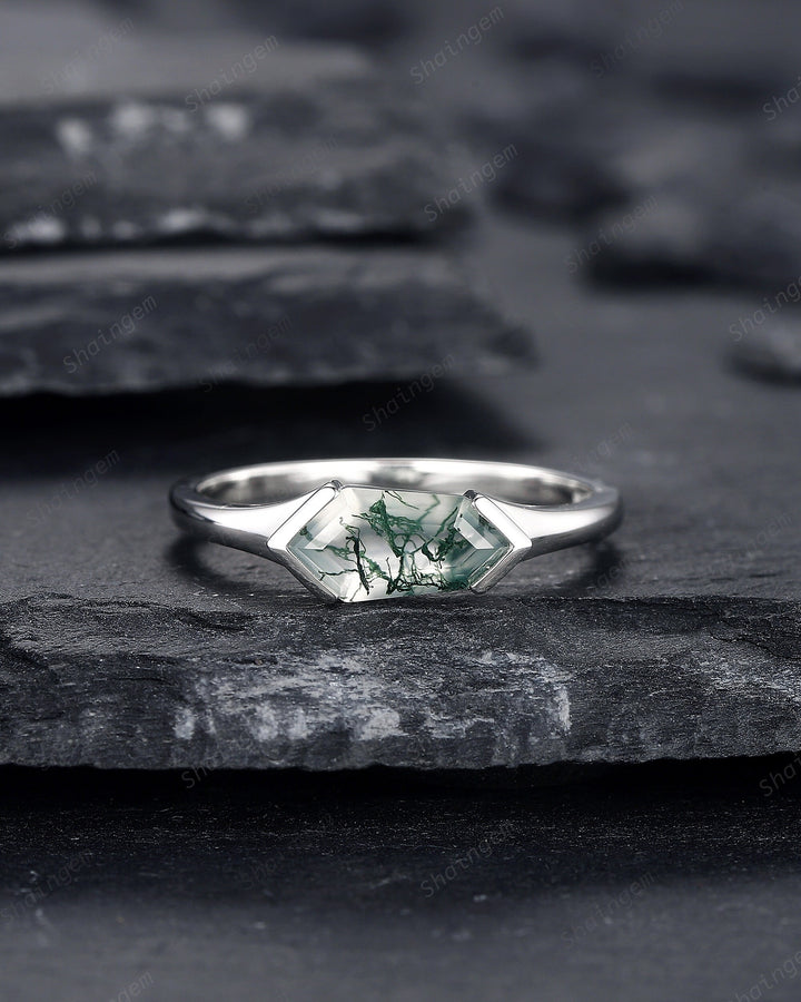 Platinum Unique Shield Cut Moss Agate Engagement Ring, Sterling Silver Solitaire Agate Promise Ring, White Gold Wedding Ring Gift for Women - ShainJewelry