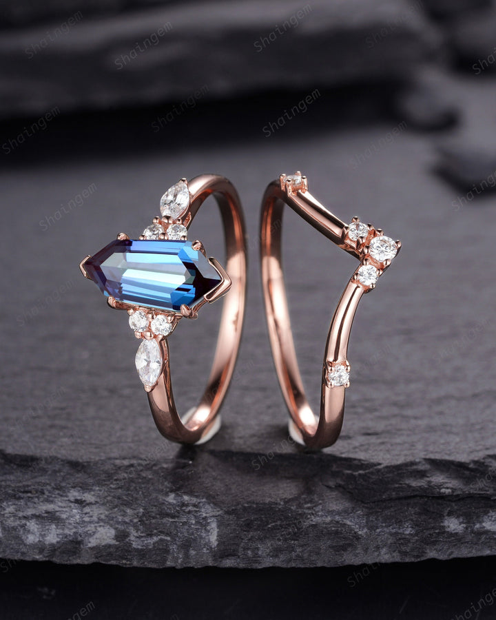 Unique Shield Alexandrite and Diamond Ring, Rose Gold Hexagon Alexandrite Bridal Set, Shield Promise Wedding Anniversary Ring Gift for her - ShainJewelry