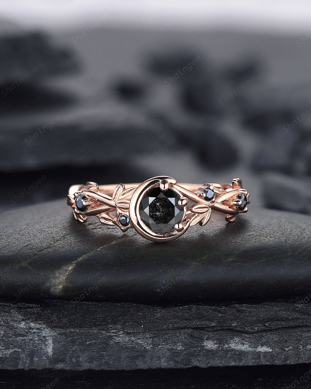 0.5CT Natural Black Diamond Engagement Ring,14K 18K Rose Gold Round Shape Diamond Promise Ring, Twig Crescent Anniversary Ring Gift for her - ShainJewelry