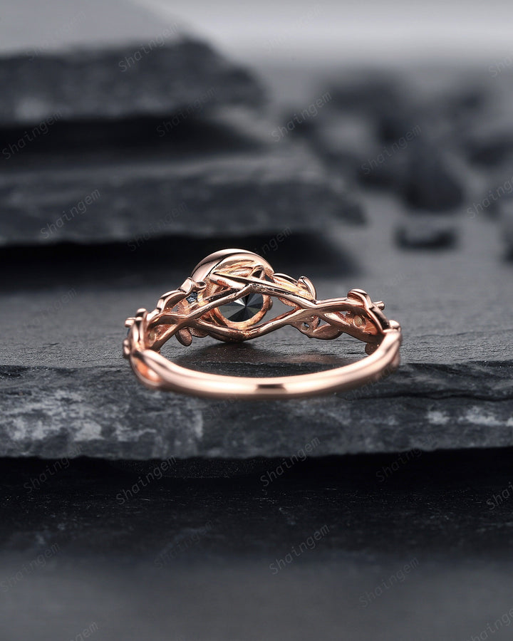 0.5CT Natural Black Diamond Engagement Ring,14K 18K Rose Gold Round Shape Diamond Promise Ring, Twig Crescent Anniversary Ring Gift for her - ShainJewelry