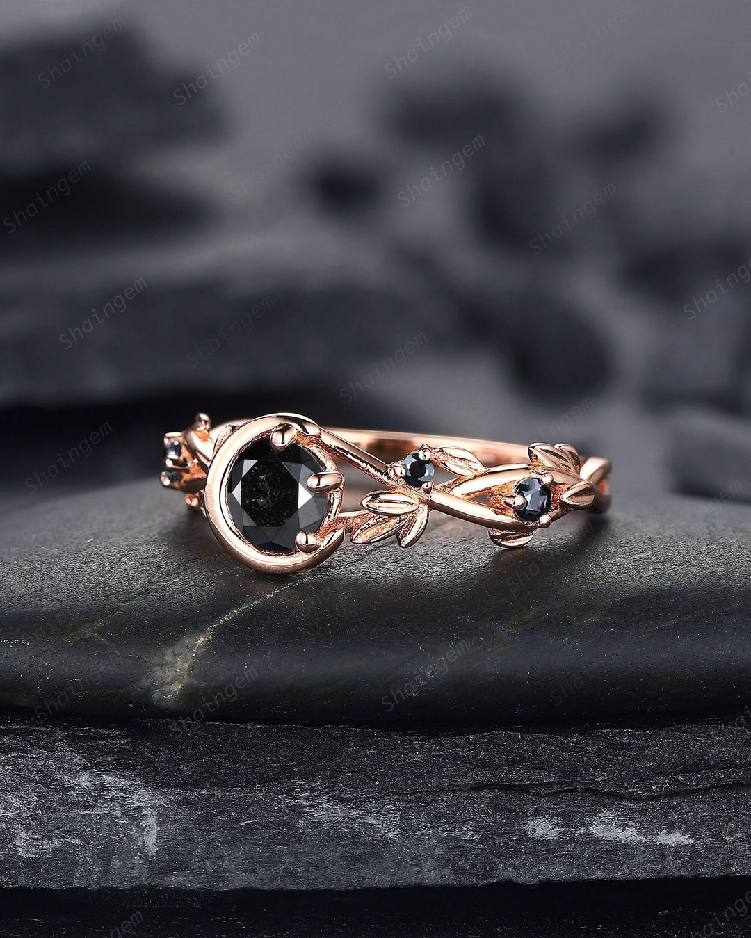 0.5CT Natural Black Diamond Engagement Ring,14K 18K Rose Gold Round Shape Diamond Promise Ring, Twig Crescent Anniversary Ring Gift for her - ShainJewelry