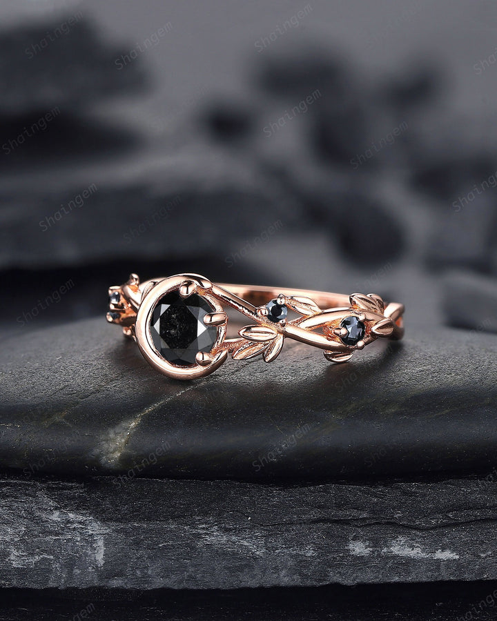 0.5CT Natural Black Diamond Engagement Ring,14K 18K Rose Gold Round Shape Diamond Promise Ring, Twig Crescent Anniversary Ring Gift for her - ShainJewelry