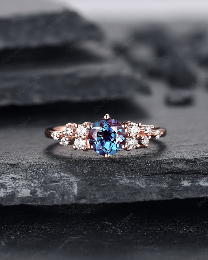 Unique Round Shape Alexandrite and Diamond Engagement Ring, 14K Rose Gold Moissanite Snowdrift Promise Ring, Art Deco Wedding Ring Gift - ShainJewelry