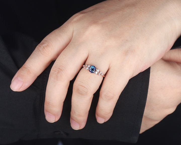 Unique Round Shape Alexandrite and Diamond Engagement Ring, 14K Rose Gold Moissanite Snowdrift Promise Ring, Art Deco Wedding Ring Gift - ShainJewelry