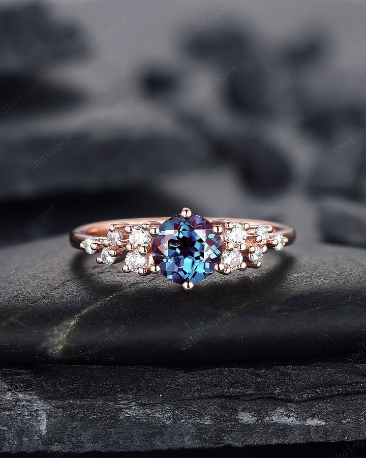 Unique Round Shape Alexandrite and Diamond Engagement Ring, 14K Rose Gold Moissanite Snowdrift Promise Ring, Art Deco Wedding Ring Gift - ShainJewelry