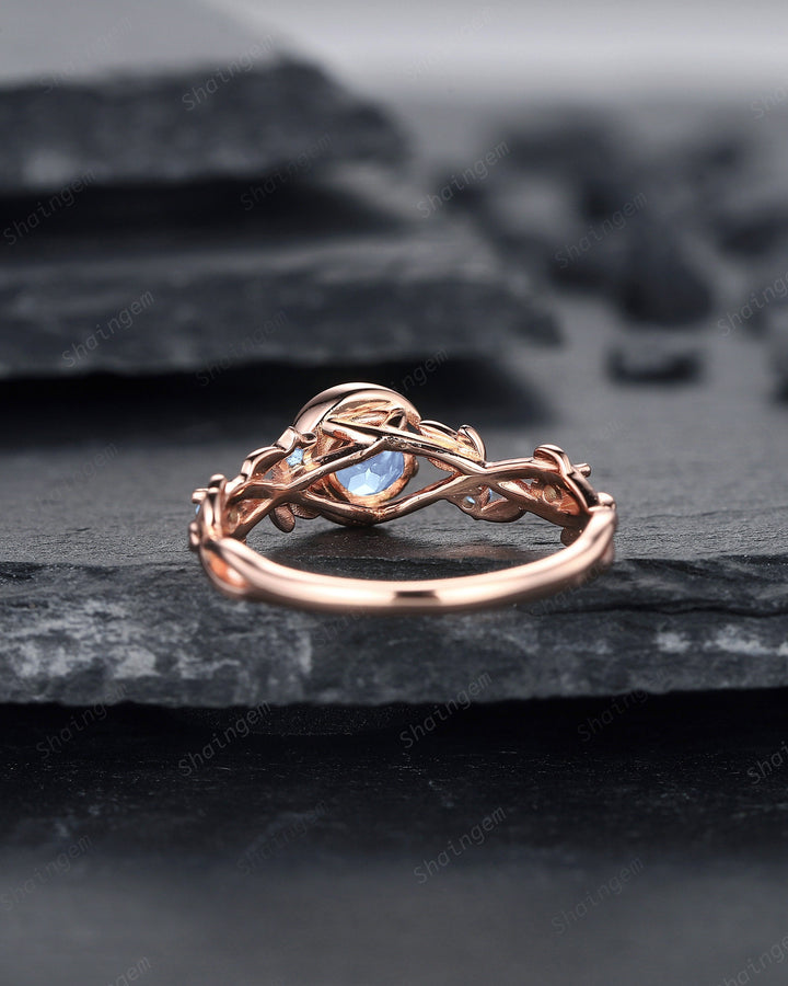 Moonstone Engagement Ring, Unique Crescent 14k Rose Gold Promise Ring, Vintage Moon and Star Ring, Twig Branch Wedding Ring Gift for Women - ShainJewelry
