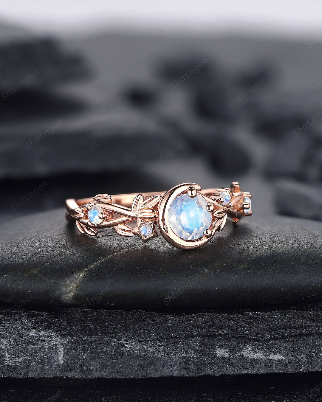 Moonstone Engagement Ring, Unique Crescent 14k Rose Gold Promise Ring, Vintage Moon and Star Ring, Twig Branch Wedding Ring Gift for Women - ShainJewelry