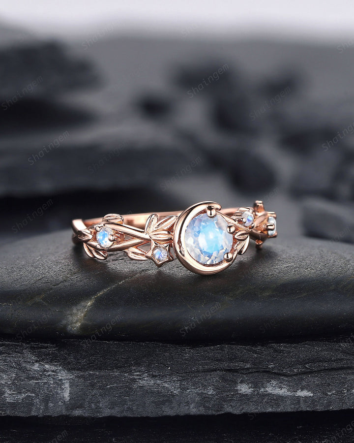 Moonstone Engagement Ring, Unique Crescent 14k Rose Gold Promise Ring, Vintage Moon and Star Ring, Twig Branch Wedding Ring Gift for Women - ShainJewelry