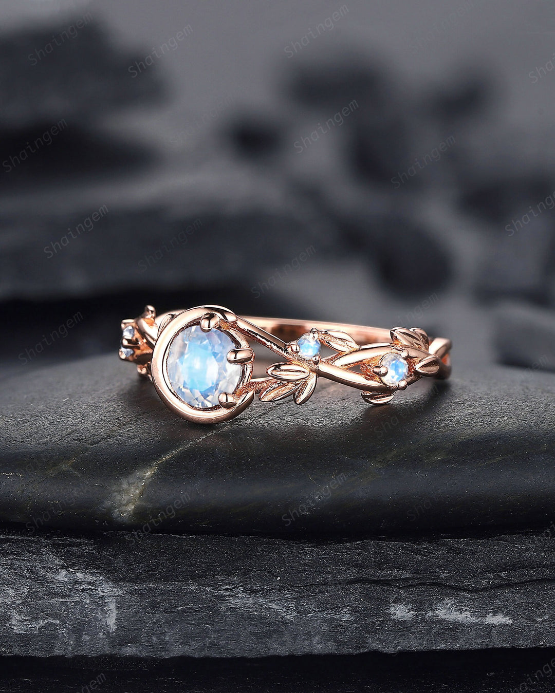 Moonstone Engagement Ring, Unique Crescent 14k Rose Gold Promise Ring, Vintage Moon and Star Ring, Twig Branch Wedding Ring Gift for Women - ShainJewelry