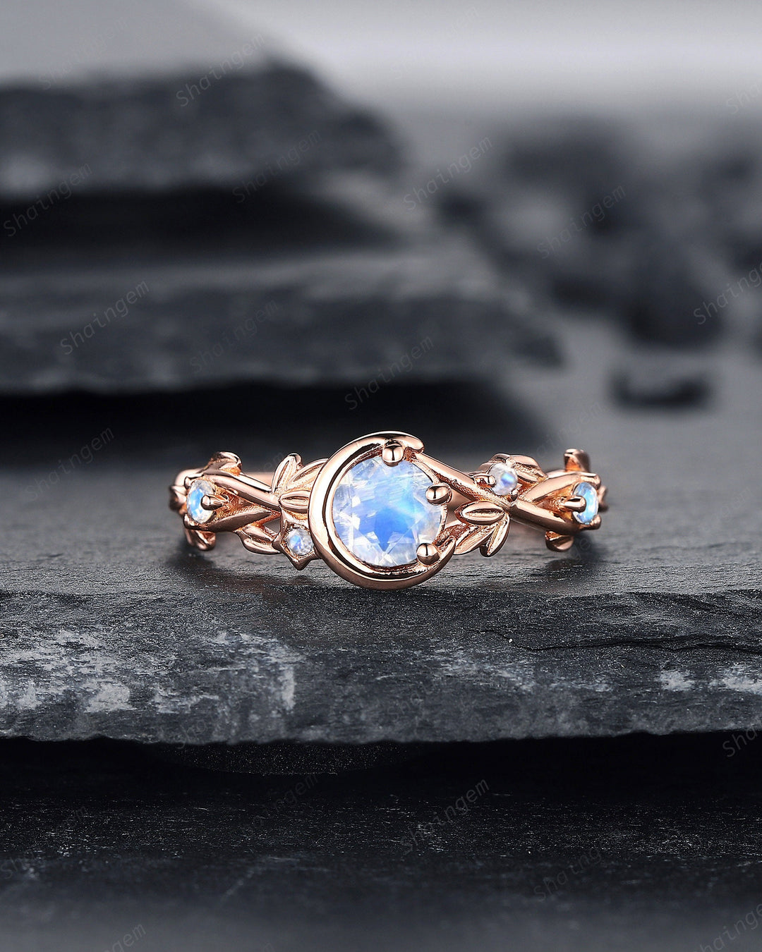 Moonstone Engagement Ring, Unique Crescent 14k Rose Gold Promise Ring, Vintage Moon and Star Ring, Twig Branch Wedding Ring Gift for Women - ShainJewelry