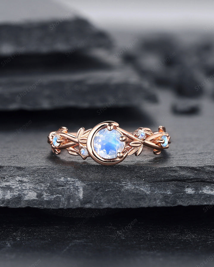 Moonstone Engagement Ring, Unique Crescent 14k Rose Gold Promise Ring, Vintage Moon and Star Ring, Twig Branch Wedding Ring Gift for Women - ShainJewelry