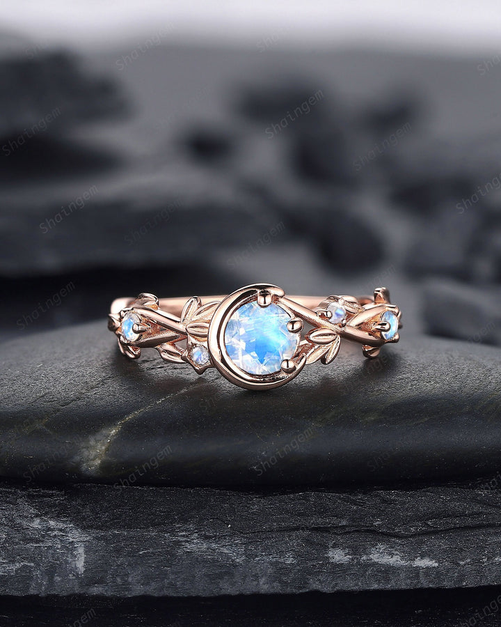 Moonstone Engagement Ring, Unique Crescent 14k Rose Gold Promise Ring, Vintage Moon and Star Ring, Twig Branch Wedding Ring Gift for Women - ShainJewelry