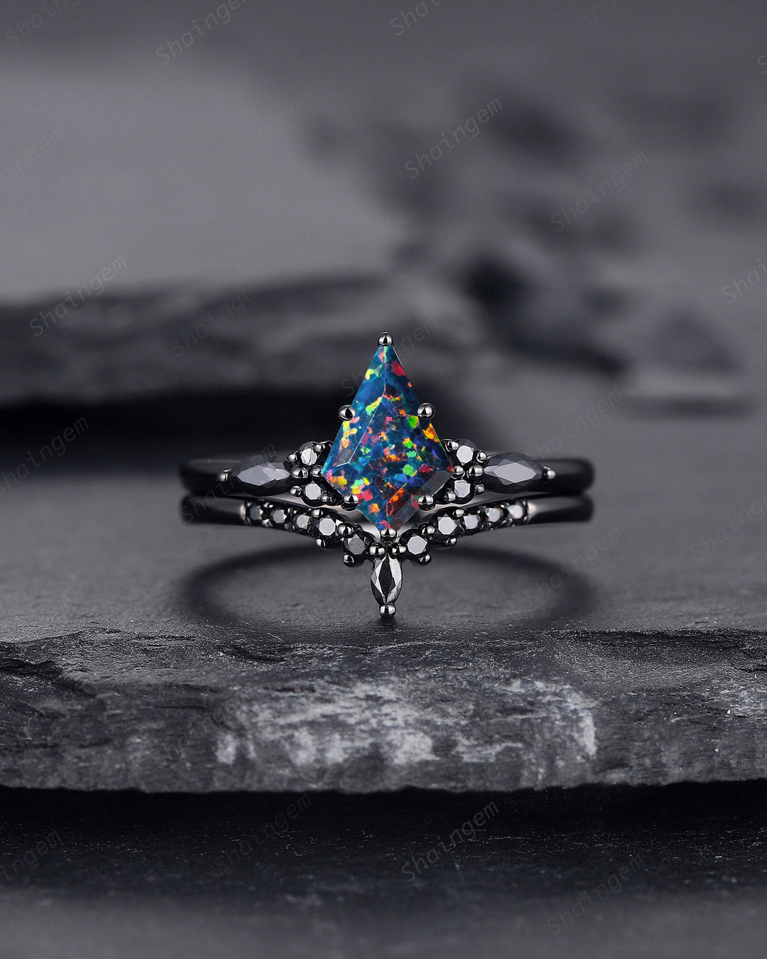 Gothic Kite Shape Black Opal Engagement Ring Set, Witchy Black Gold Promise Ring, Black Wedding Anniversary Ring, Unique Gift for Women - ShainJewelry