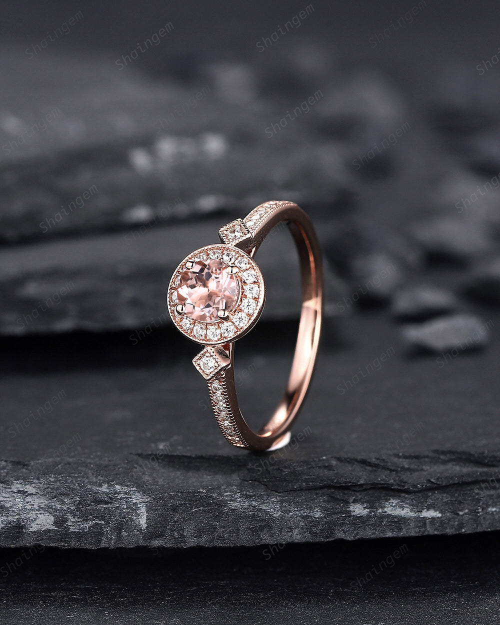 Natural Pink Morganite Engagement Ring, Round Shape Morganite Wedding Ring, 14K 18K Rose Gold Promise Halo Ring Anniversary Gift for Women - ShainJewelry