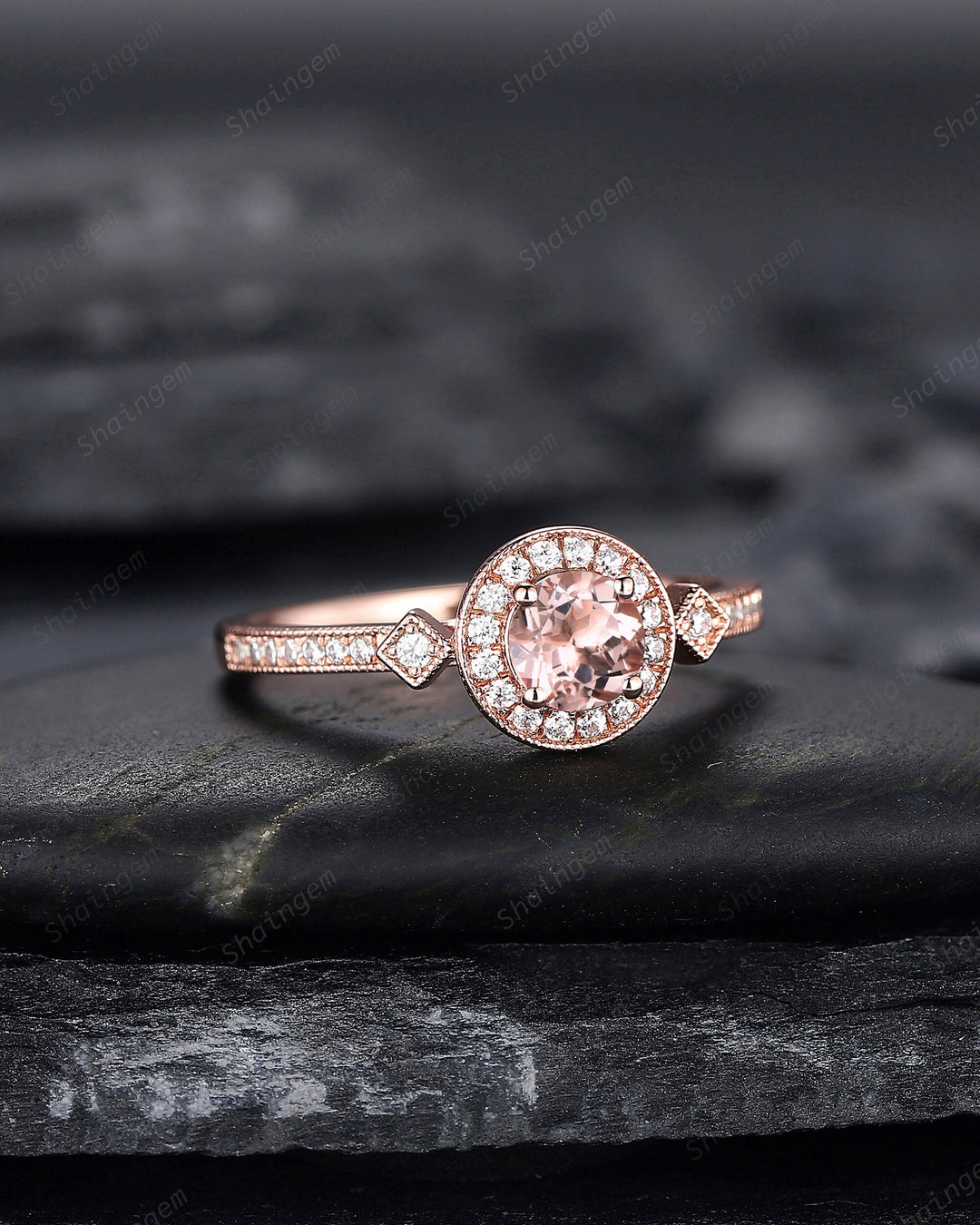 Natural Pink Morganite Engagement Ring, Round Shape Morganite Wedding Ring, 14K 18K Rose Gold Promise Halo Ring Anniversary Gift for Women - ShainJewelry