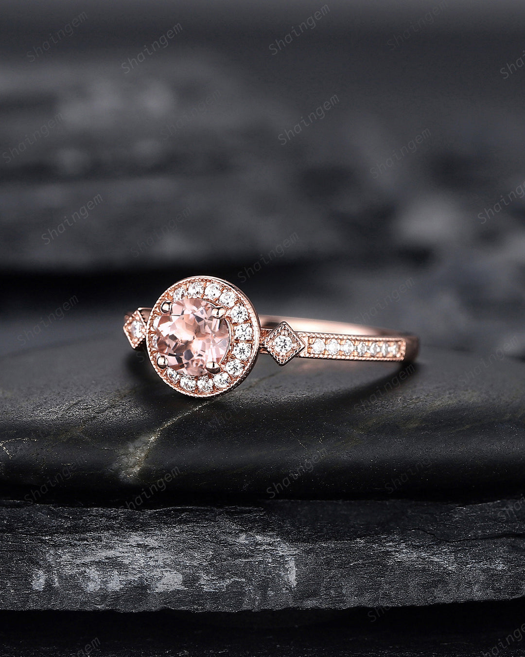 Natural Pink Morganite Engagement Ring, Round Shape Morganite Wedding Ring, 14K 18K Rose Gold Promise Halo Ring Anniversary Gift for Women - ShainJewelry