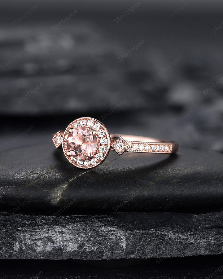 Natural Pink Morganite Engagement Ring, Round Shape Morganite Wedding Ring, 14K 18K Rose Gold Promise Halo Ring Anniversary Gift for Women - ShainJewelry