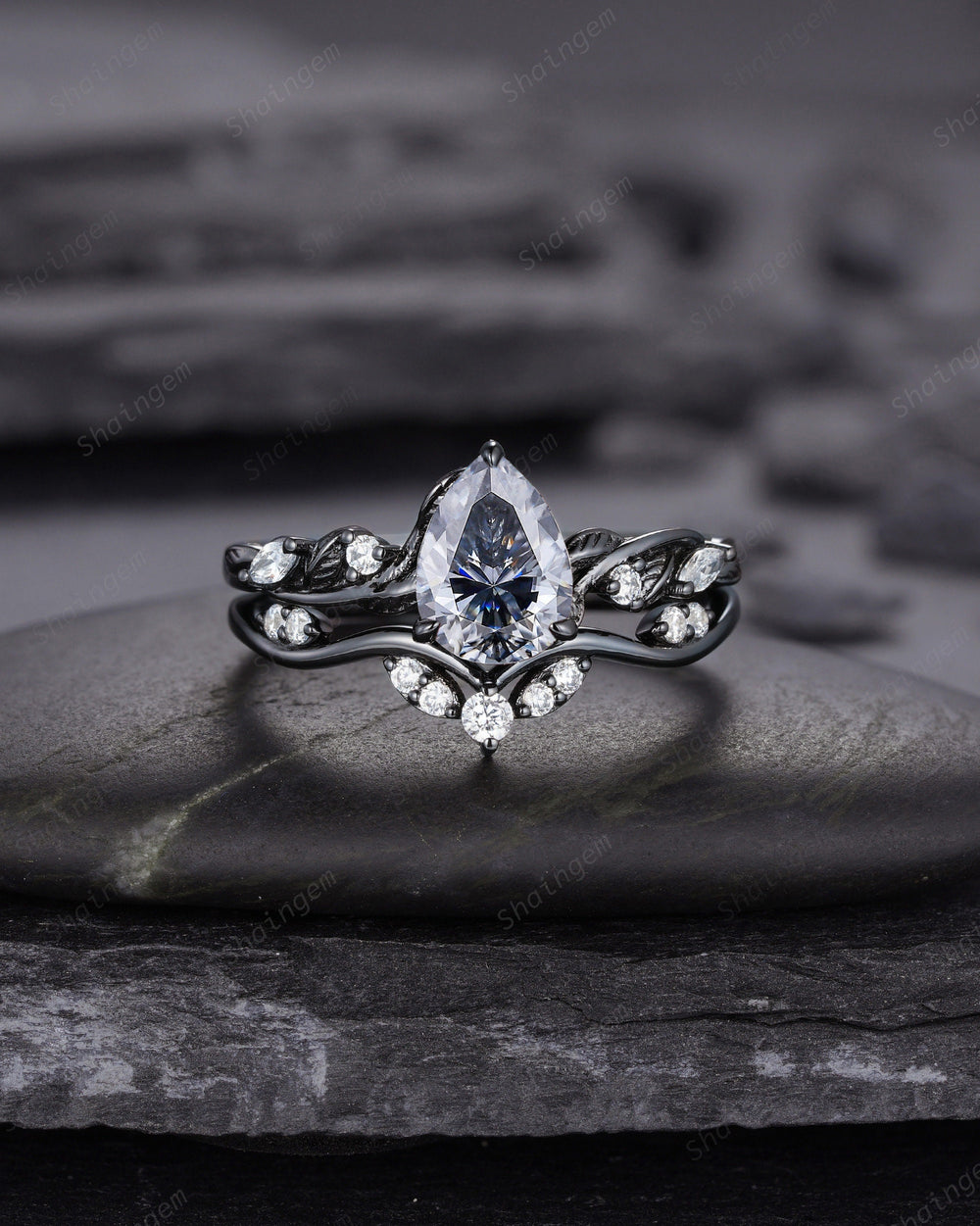 Rhodium Black Pear Shape Gray Moissanite Engagement Ring Set, Black Gold Grey Moissanite Wedding Promise Ring Black Diamond Twig Leaf Ring - ShainJewelry