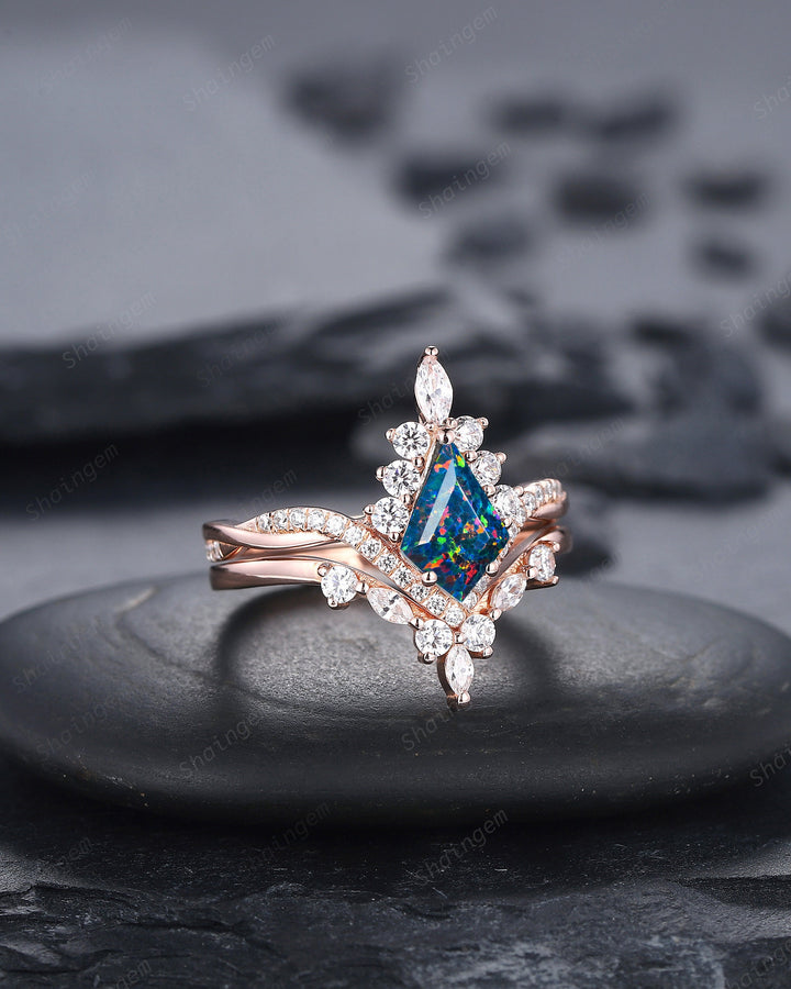 Vintage Kite Shape Black Opal Engagement Ring Set, V Shape Halo Ring Gift, Unique 14K Rose Gold Wedding Set Art Deco Bridal Set Promise Ring - ShainJewelry