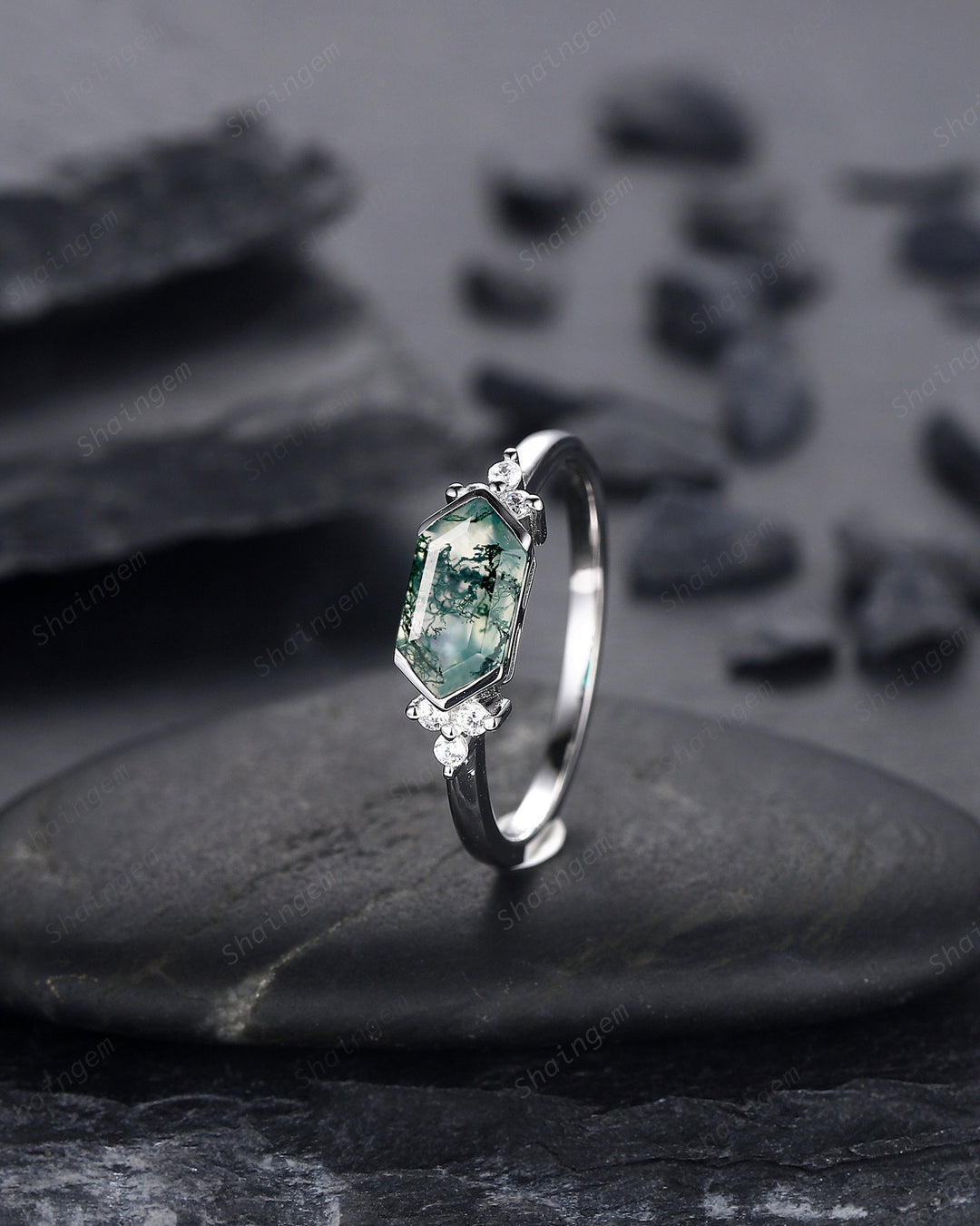 Vintage Hexagon Cut Moss Agate Cluster Engagement Ring, Sterling Silver Promise Ring 14K White Gold Wedding Ring Anniversary Gift for Women - ShainJewelry