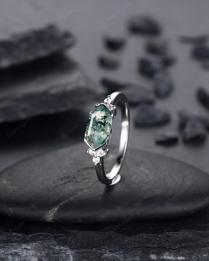 Vintage Hexagon Cut Moss Agate Cluster Engagement Ring, Sterling Silver Promise Ring 14K White Gold Wedding Ring Anniversary Gift for Women - ShainJewelry