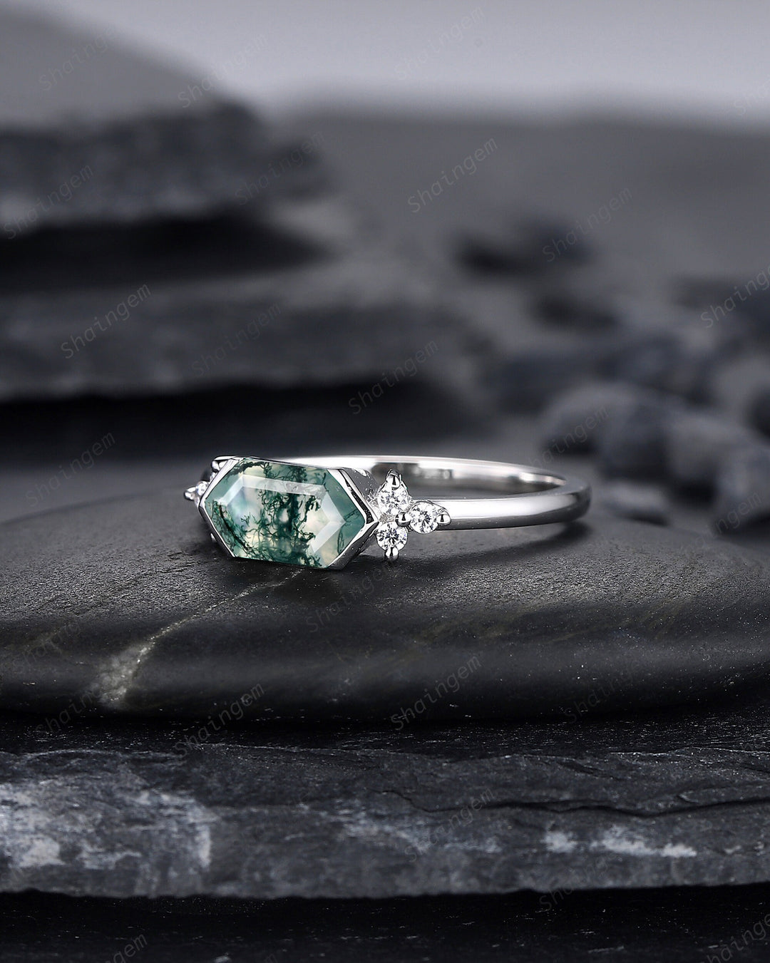 Vintage Hexagon Cut Moss Agate Cluster Engagement Ring, Sterling Silver Promise Ring 14K White Gold Wedding Ring Anniversary Gift for Women - ShainJewelry