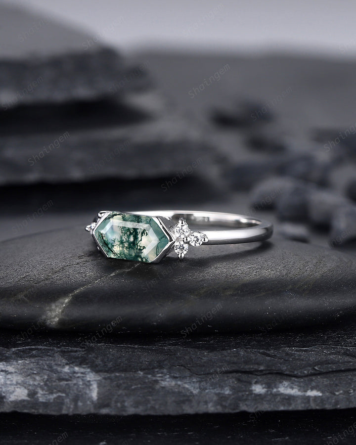 Vintage Hexagon Cut Moss Agate Cluster Engagement Ring, Sterling Silver Promise Ring 14K White Gold Wedding Ring Anniversary Gift for Women - ShainJewelry