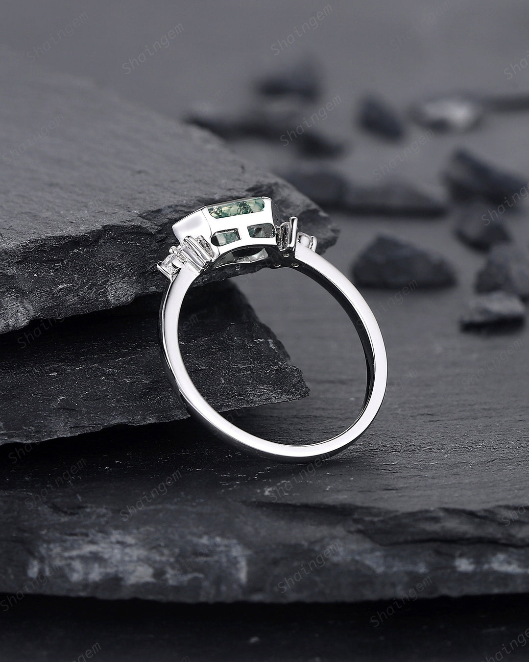 Vintage Hexagon Cut Moss Agate Cluster Engagement Ring, Sterling Silver Promise Ring 14K White Gold Wedding Ring Anniversary Gift for Women - ShainJewelry