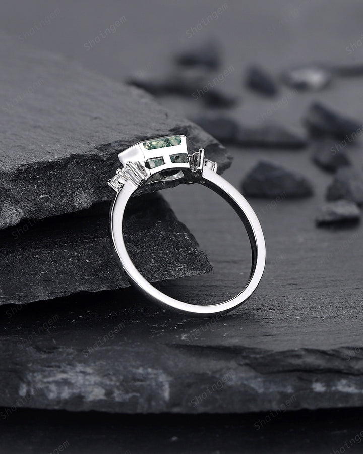 Vintage Hexagon Cut Moss Agate Cluster Engagement Ring, Sterling Silver Promise Ring 14K White Gold Wedding Ring Anniversary Gift for Women - ShainJewelry