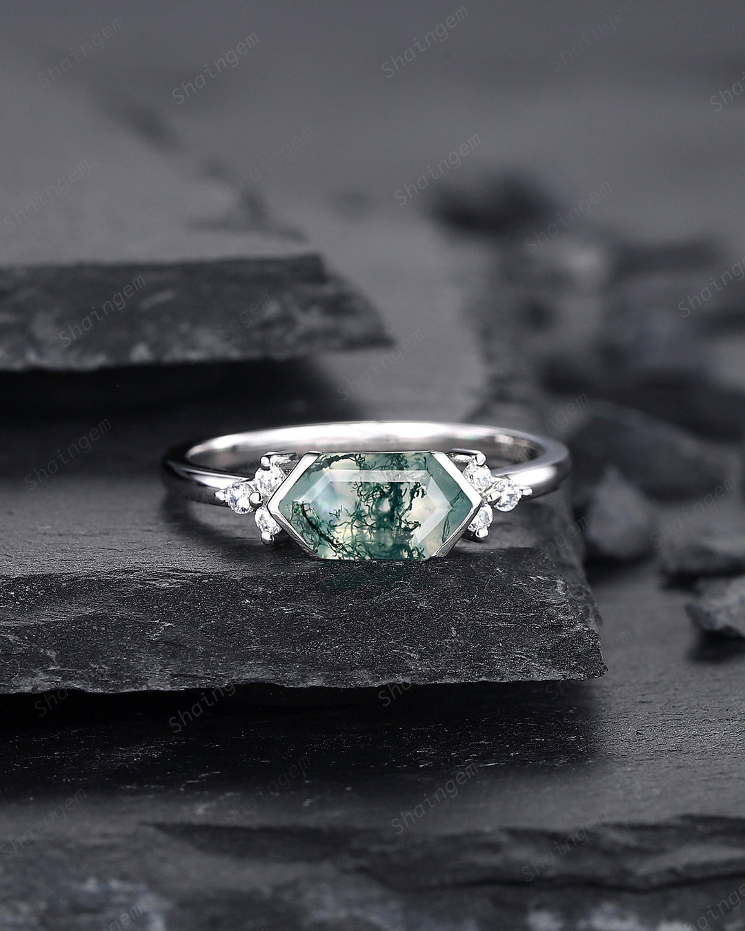 Vintage Hexagon Cut Moss Agate Cluster Engagement Ring, Sterling Silver Promise Ring 14K White Gold Wedding Ring Anniversary Gift for Women - ShainJewelry