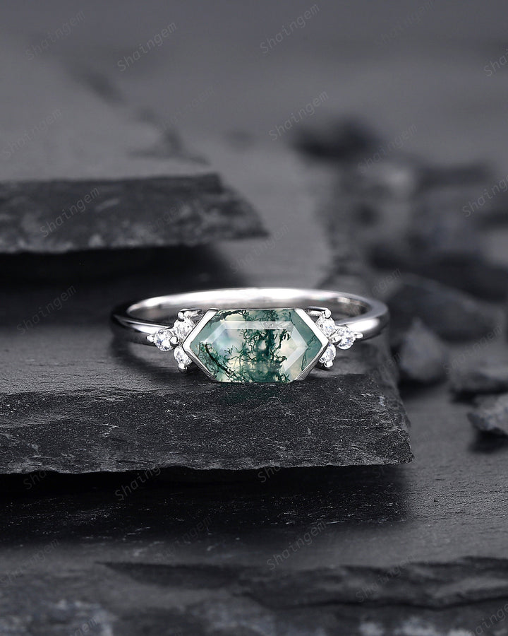 Vintage Hexagon Cut Moss Agate Cluster Engagement Ring, Sterling Silver Promise Ring 14K White Gold Wedding Ring Anniversary Gift for Women - ShainJewelry