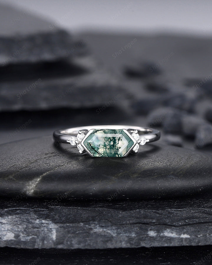 Vintage Hexagon Cut Moss Agate Cluster Engagement Ring, Sterling Silver Promise Ring 14K White Gold Wedding Ring Anniversary Gift for Women - ShainJewelry
