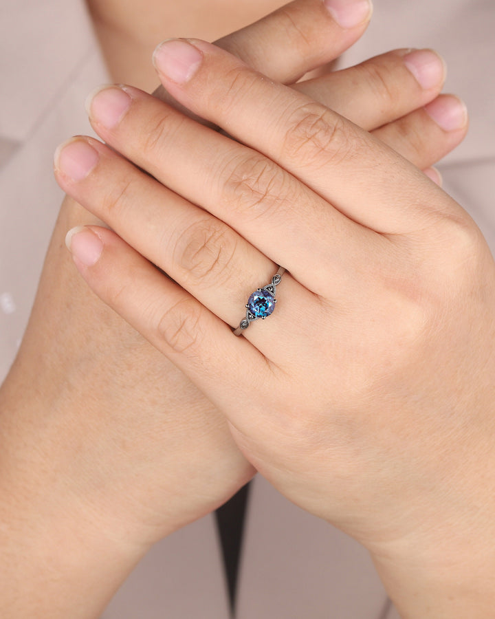 Gothic Black Gold Alexandrite Engagement Ring, Infinity Setting, Rhodium Black Wedding Ring, June Birthstone Promise Ring Anniversary Gift - ShainJewelry