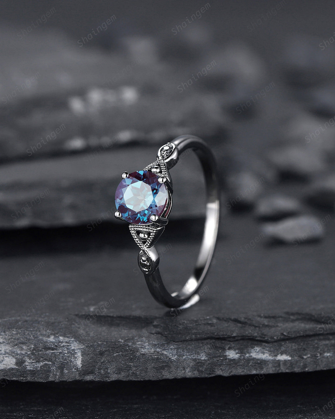 Gothic Black Gold Alexandrite Engagement Ring, Infinity Setting, Rhodium Black Wedding Ring, June Birthstone Promise Ring Anniversary Gift - ShainJewelry