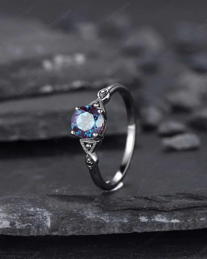 Gothic Black Gold Alexandrite Engagement Ring, Infinity Setting, Rhodium Black Wedding Ring, June Birthstone Promise Ring Anniversary Gift - ShainJewelry