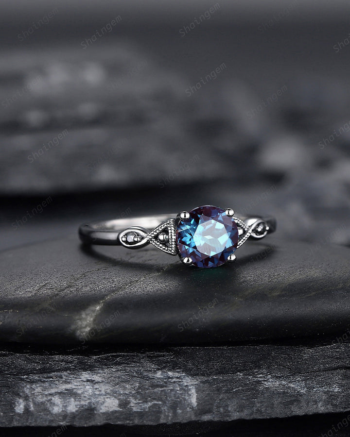 Gothic Black Gold Alexandrite Engagement Ring, Infinity Setting, Rhodium Black Wedding Ring, June Birthstone Promise Ring Anniversary Gift - ShainJewelry
