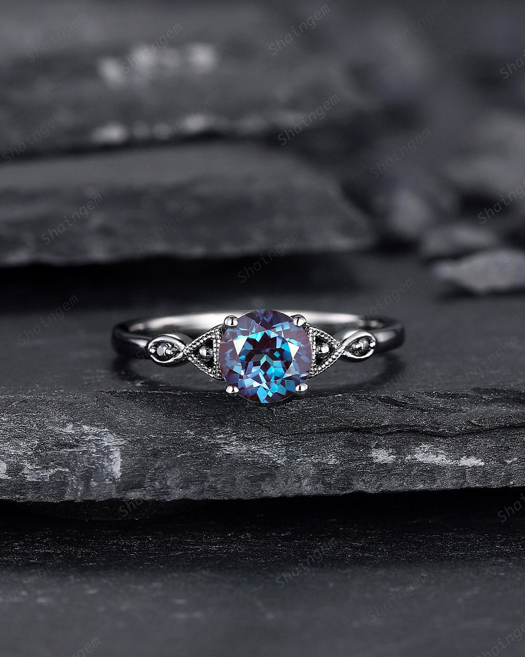 Gothic Black Gold Alexandrite Engagement Ring, Infinity Setting, Rhodium Black Wedding Ring, June Birthstone Promise Ring Anniversary Gift - ShainJewelry