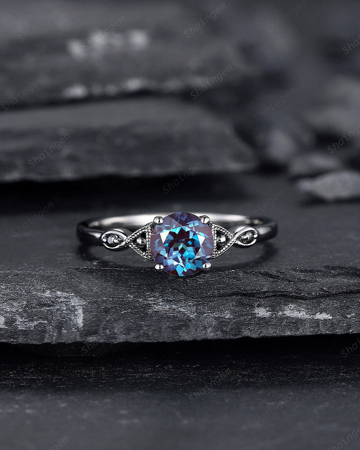 Gothic Black Gold Alexandrite Engagement Ring, Infinity Setting, Rhodium Black Wedding Ring, June Birthstone Promise Ring Anniversary Gift - ShainJewelry