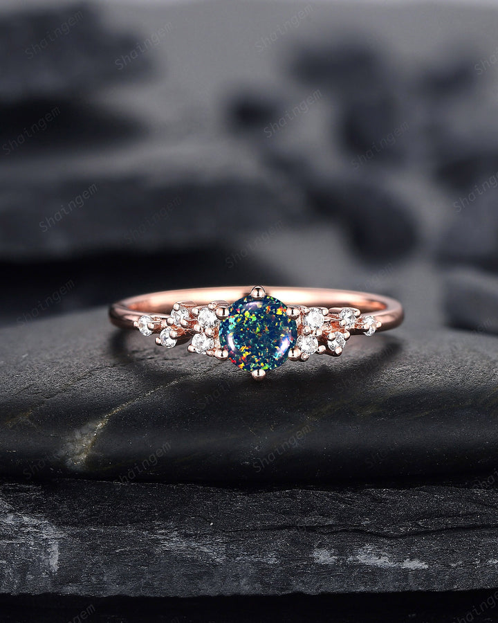 Round Shape Black Fire Opal Cluster Engagement Ring, Dainty Snowdrift Promise Ring, Unique Rose Gold Mixed Color Opal Wedding Ring Gift - ShainJewelry