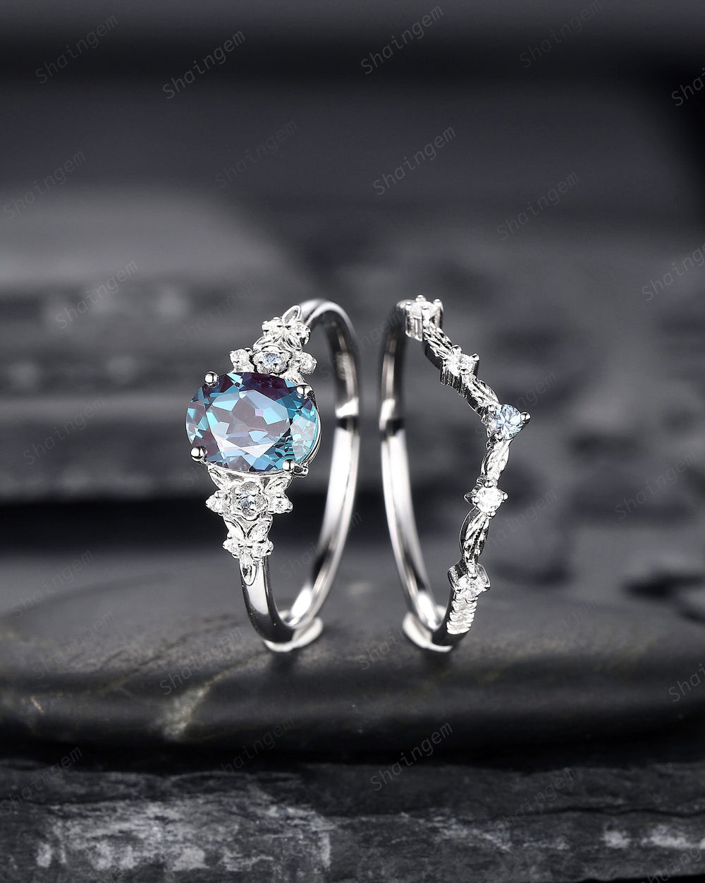 Oval Shape Floral Alexandrite Bridal Set, Solid White Gold Alexandrite Engagement Ring, Nature Inspired Promise Anniversary Ring Gift - ShainJewelry
