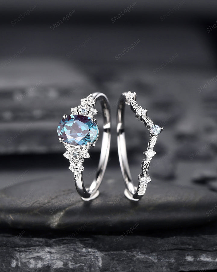 Oval Shape Floral Alexandrite Bridal Set, Solid White Gold Alexandrite Engagement Ring, Nature Inspired Promise Anniversary Ring Gift - ShainJewelry