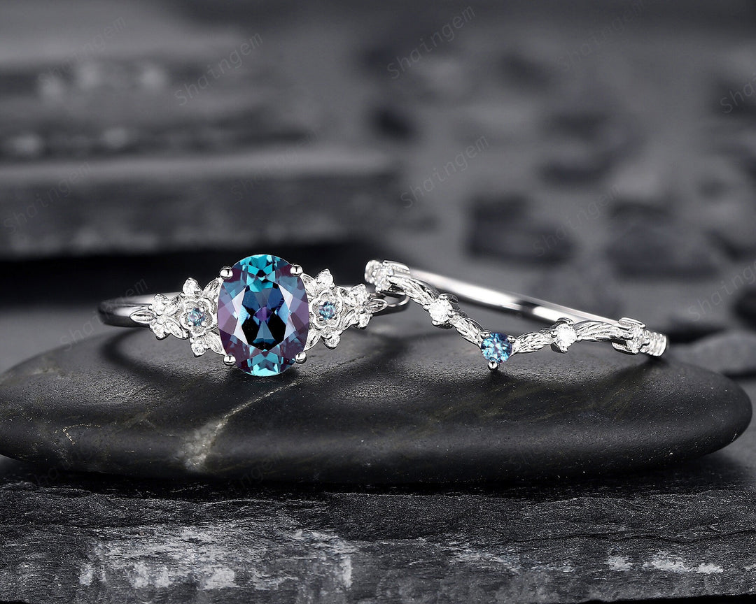 Oval Shape Floral Alexandrite Bridal Set, Solid White Gold Alexandrite Engagement Ring, Nature Inspired Promise Anniversary Ring Gift - ShainJewelry