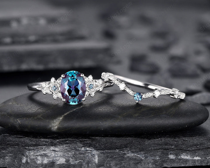 Oval Shape Floral Alexandrite Bridal Set, Solid White Gold Alexandrite Engagement Ring, Nature Inspired Promise Anniversary Ring Gift - ShainJewelry