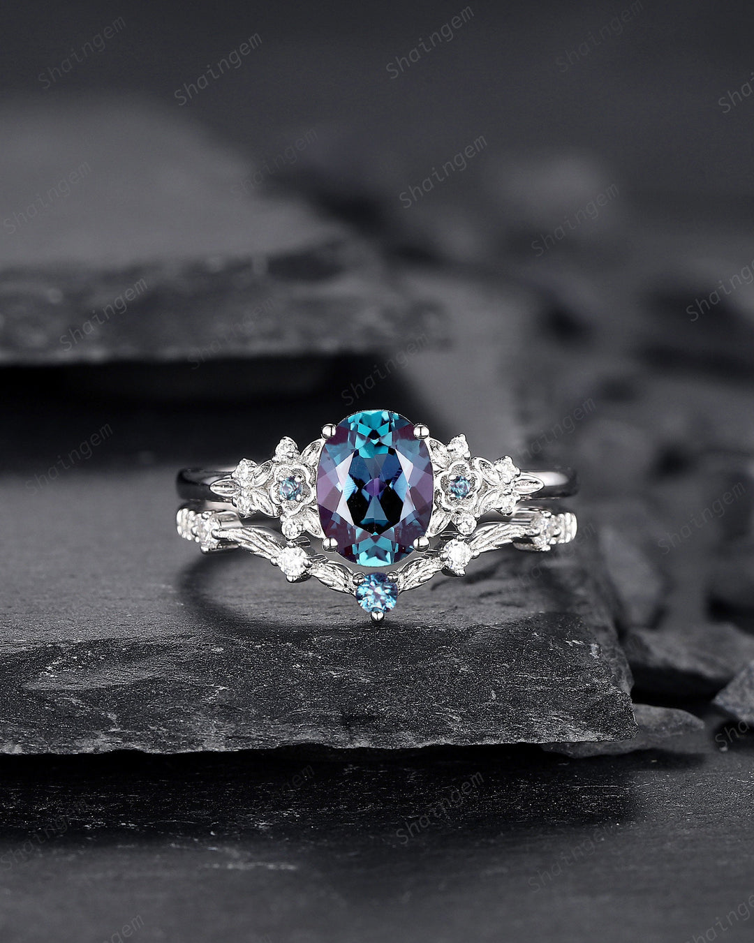 Oval Shape Floral Alexandrite Bridal Set, Solid White Gold Alexandrite Engagement Ring, Nature Inspired Promise Anniversary Ring Gift - ShainJewelry